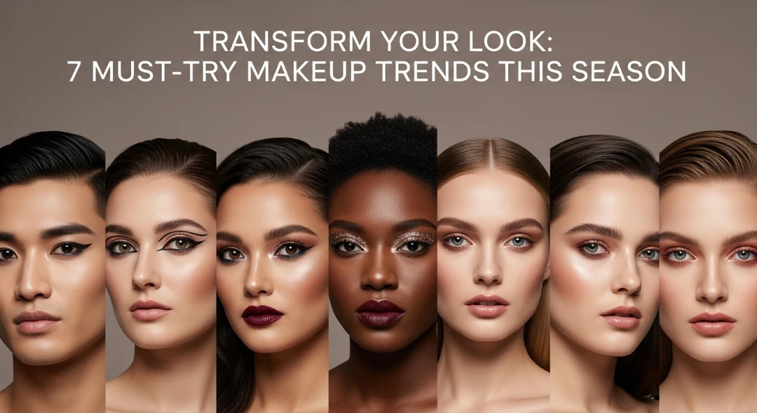 Seven models showcasing professional seasonal makeup trends, including sculpted contours and chromatic eyes.